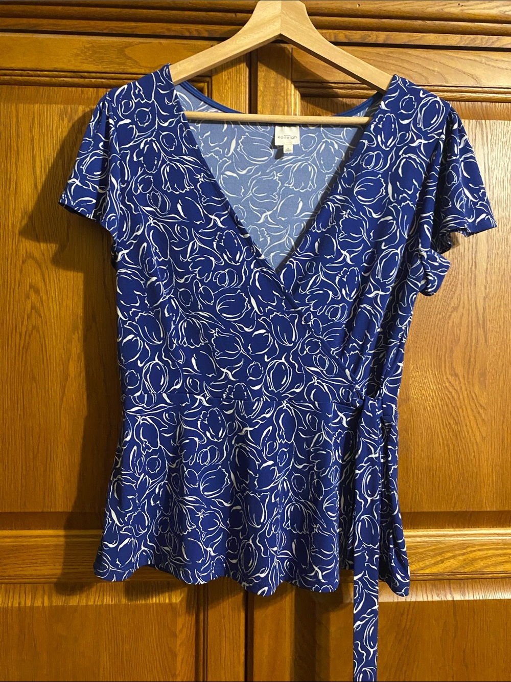 Kaileigh Blue and White Floral Wrap Blouse